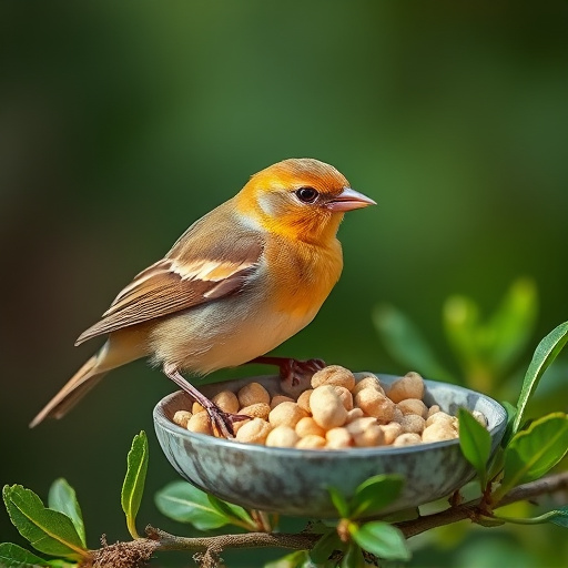 Goldcrest near dish of crushed peanuts
