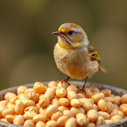 Goldcrest near dish of crushed peanuts