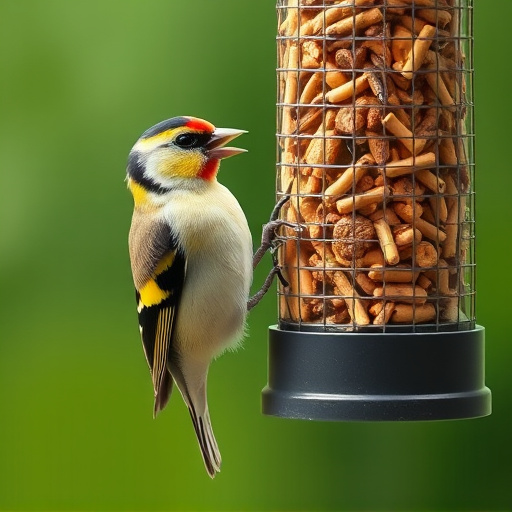 Goldfinch eating from hanging seed tube