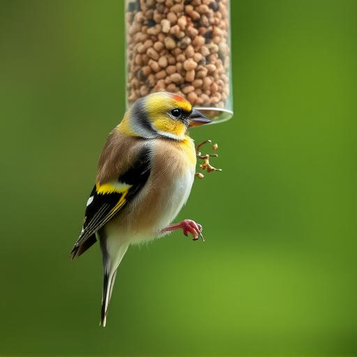 Goldfinch eating from hanging seed tube