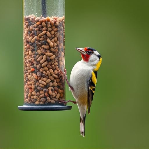 Goldfinch eating from hanging seed tube