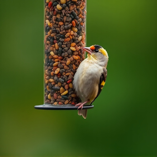 Goldfinch eating from hanging seed tube