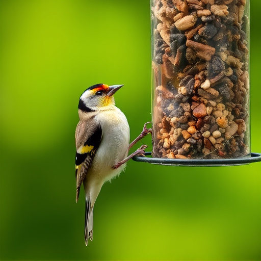 Goldfinch eating from hanging seed tube