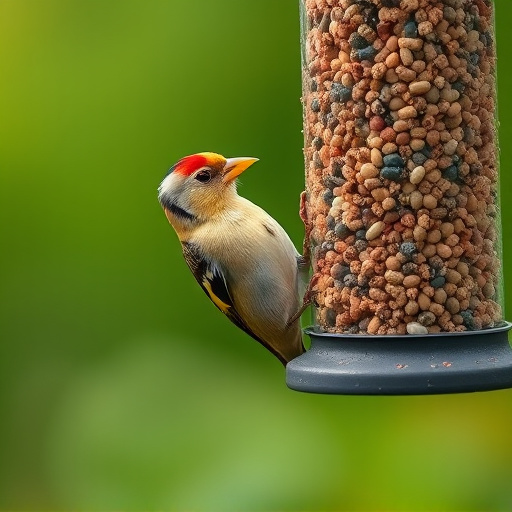 Goldfinch eating from hanging seed tube