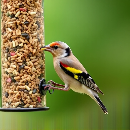 Goldfinch eating from hanging seed tube
