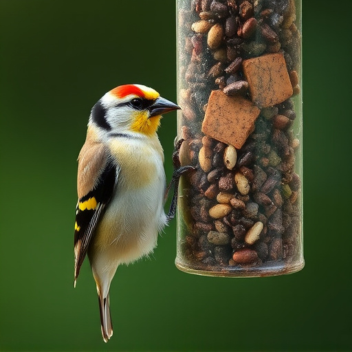 Goldfinch eating from hanging seed tube
