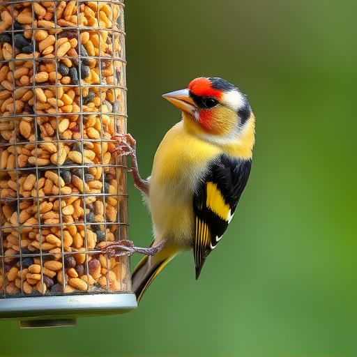 Goldfinch eating from hanging seed tube