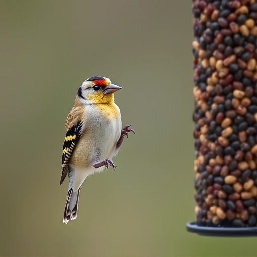 Goldfinch eating from hanging seed tube