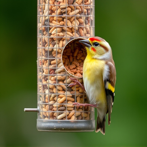 Goldfinch eating from hanging seed tube