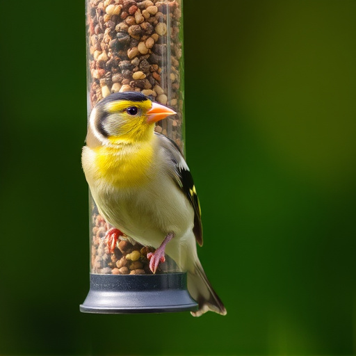 Goldfinch eating from hanging seed tube