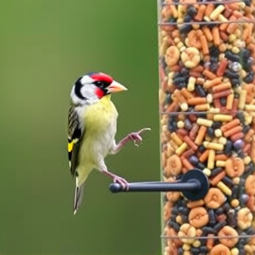 Goldfinch eating from tube seed feeder