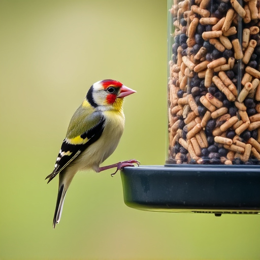 Goldfinch eating from tube seed feeder