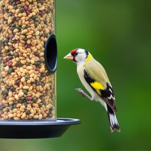 Goldfinch eating from tube seed feeder