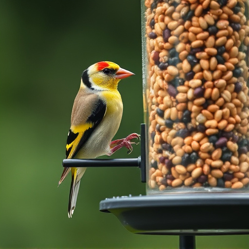 Goldfinch eating from tube seed feeder