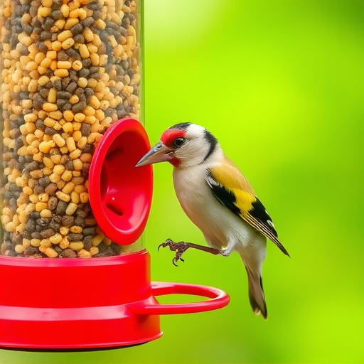 Goldfinch eating from tube seed feeder