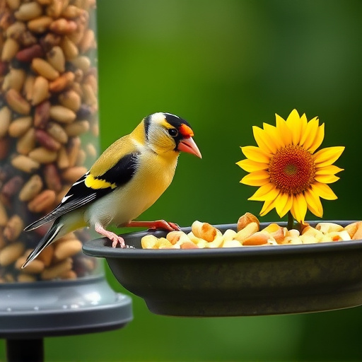 Goldfinch eating sunflower hearts from feeder