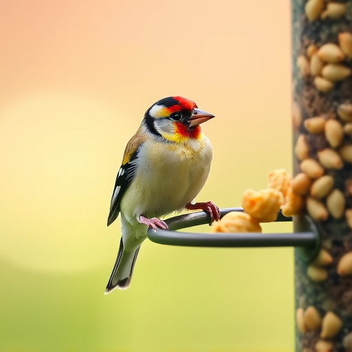 Goldfinch eating sunflower hearts from feeder