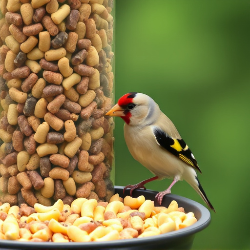 Goldfinch eating sunflower hearts from feeder