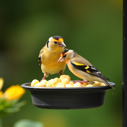 Goldfinch eating sunflower hearts from feeder