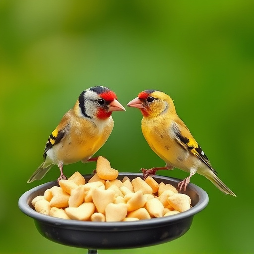 Goldfinch eating sunflower hearts from feeder