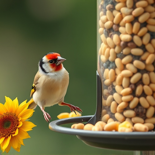 Goldfinch eating sunflower hearts from feeder