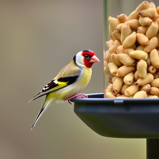 Goldfinch eating sunflower hearts from feeder
