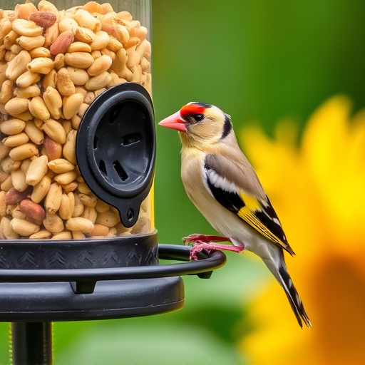 Goldfinch eating sunflower hearts from feeder