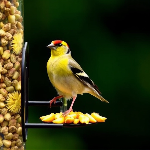 Goldfinch eating sunflower hearts from feeder