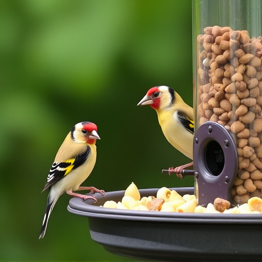 Goldfinch eating sunflower hearts from feeder