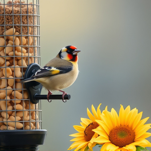 Goldfinch eating sunflower hearts from feeder