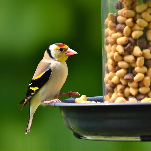 Goldfinch eating sunflower hearts from feeder