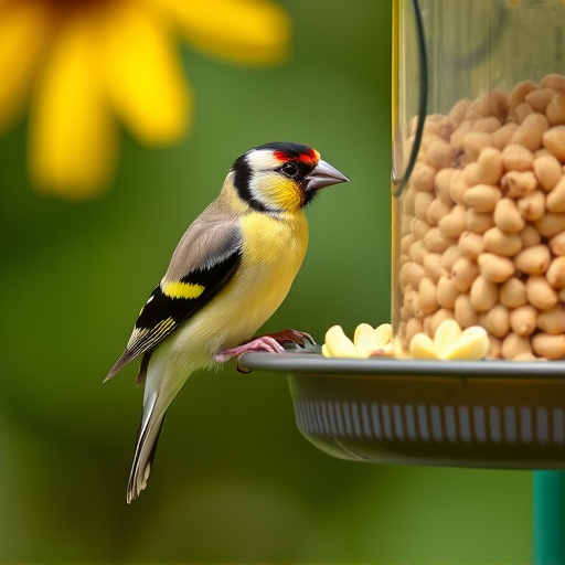 Goldfinch eating sunflower hearts from feeder