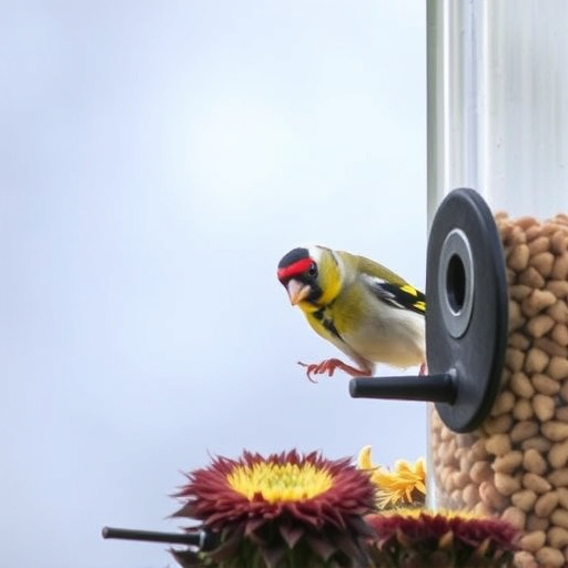 Goldfinch eating sunflower hearts from feeder