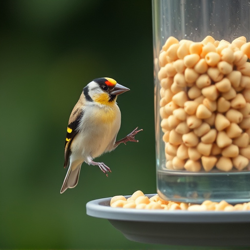 Goldfinch eating sunflower hearts from feeder