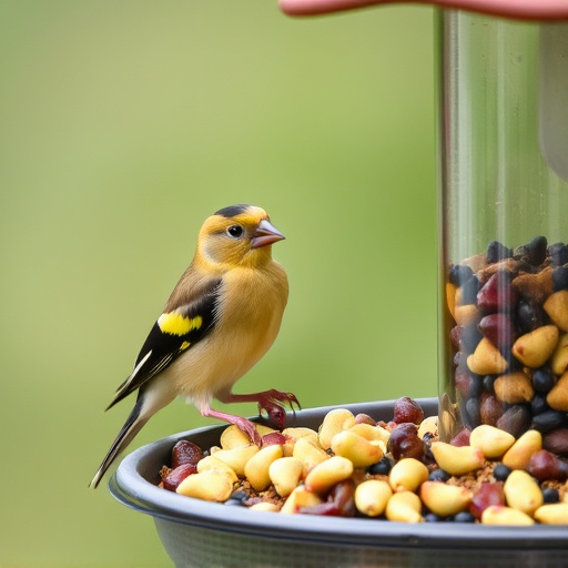 Goldfinch eating sunflower hearts from feeder