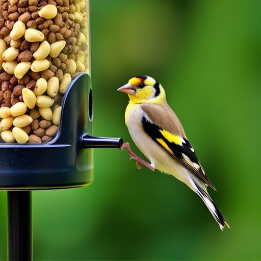 Goldfinch eating sunflower hearts from feeder