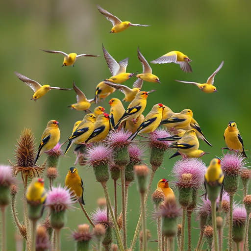 Goldfinch flock among thistle plants