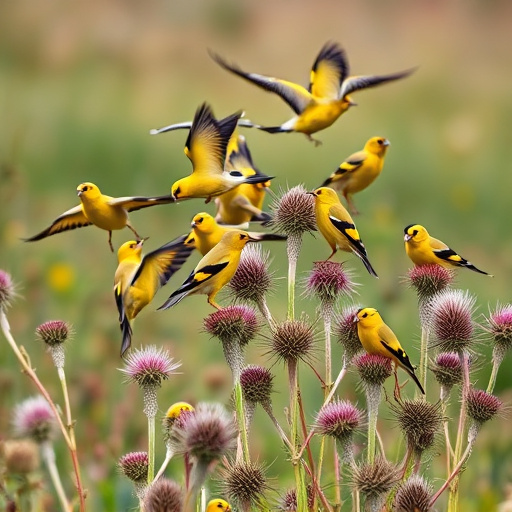 Goldfinch flock among thistle plants