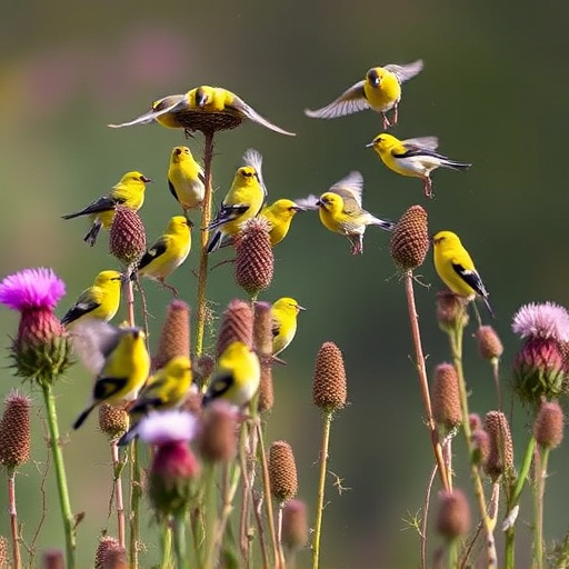 Goldfinch flock among thistle plants