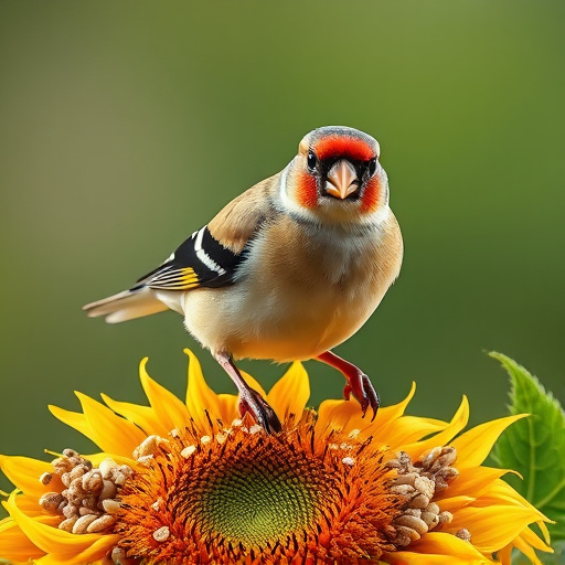 Goldfinch perched eating sunflower seeds