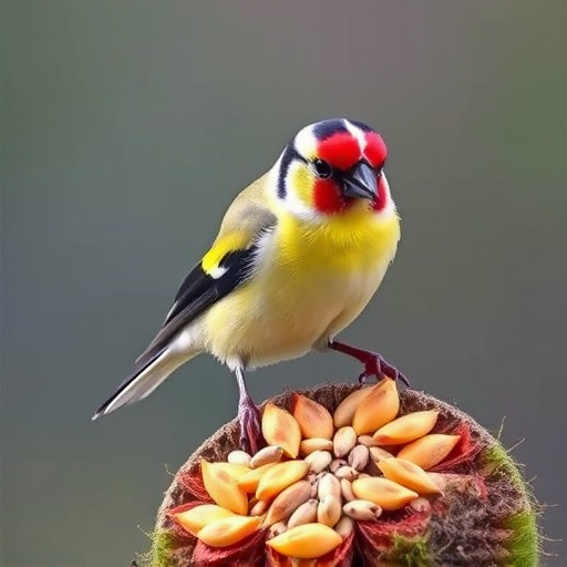 Goldfinch perched eating sunflower seeds