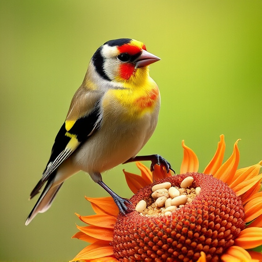 Goldfinch perched eating sunflower seeds