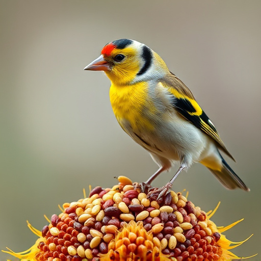 Goldfinch perched eating sunflower seeds
