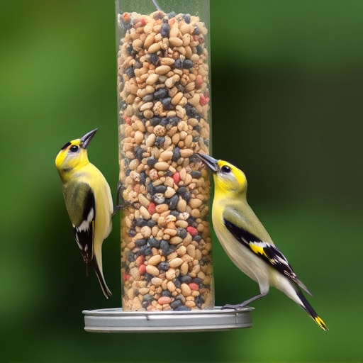 Goldfinches feeding on niger seed feeder