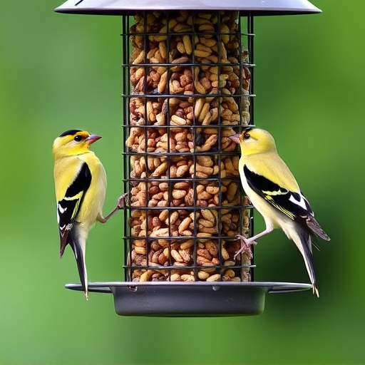 Goldfinches feeding on niger seed feeder