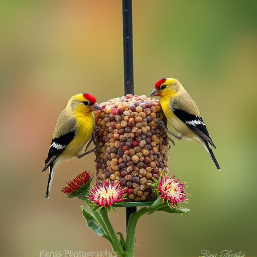 Goldfinches on thistle seed feeder
