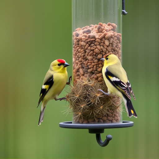 Goldfinches on thistle seed feeder