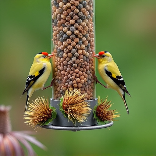 Goldfinches on thistle seed feeder