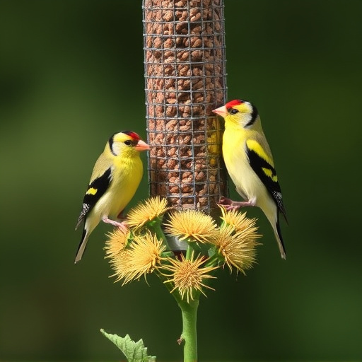 Goldfinches on thistle seed feeder