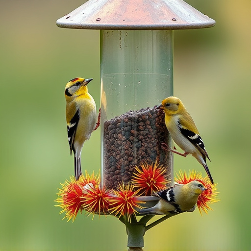 Goldfinches on thistle seed feeder